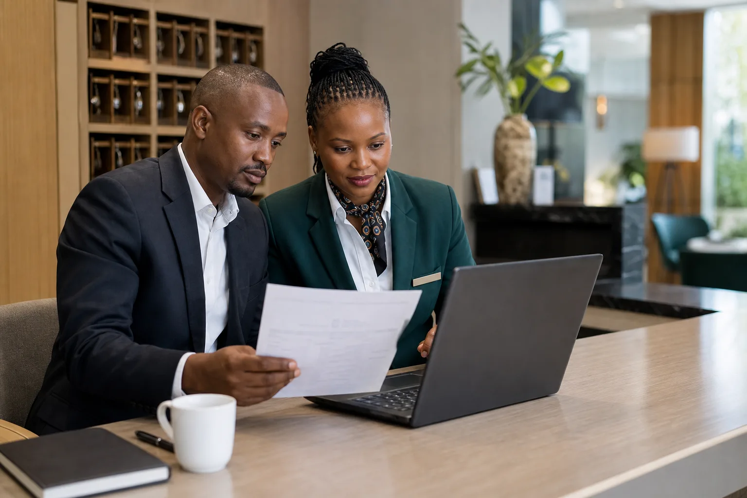 Kenyan hotel finance manager and front-office supervisor reviewing an electronic invoice workflow