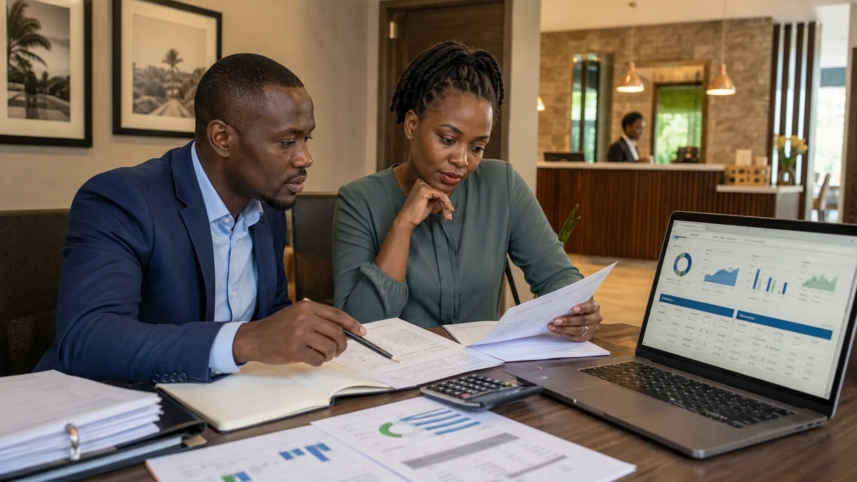 Kenyan hotel finance team evaluating accounting software reports and control evidence