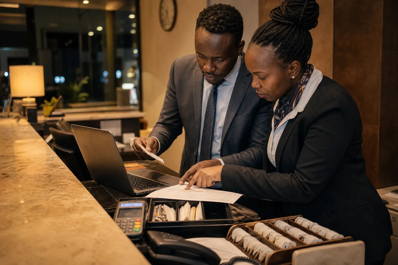 Kenyan hotel front-desk and finance staff reconciling a shift