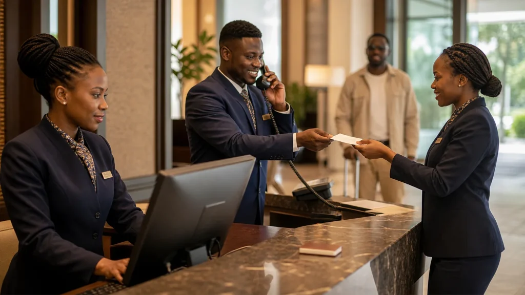 Kenyan hotel reception team reviewing reservation-linked guest messages during a shift handoff