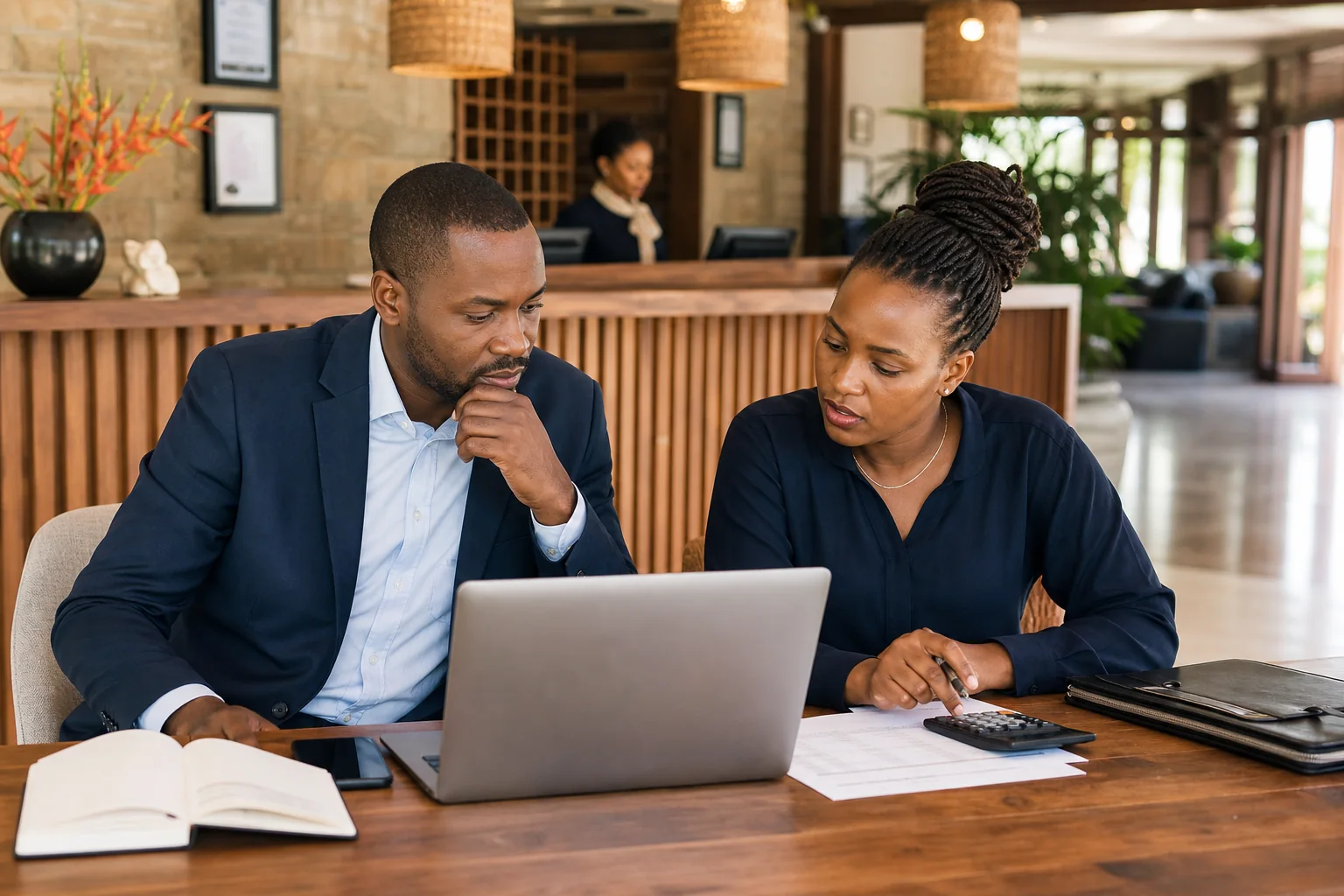 Kenyan hotel managers reviewing software costs at a reception desk