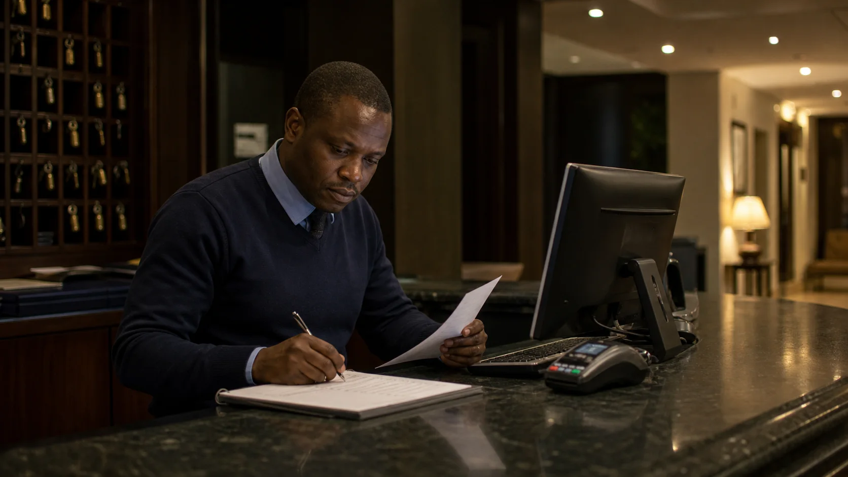 Kenyan hotel night auditor checking folios and shift records at a quiet front desk