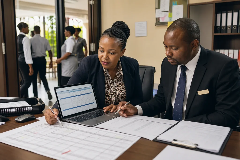 Kenyan hotel payroll manager reviewing employee shifts attendance exceptions and approvals