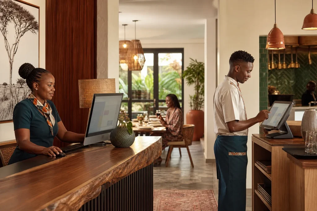 Kenyan hotel receptionist using a PMS while a restaurant server uses a POS terminal