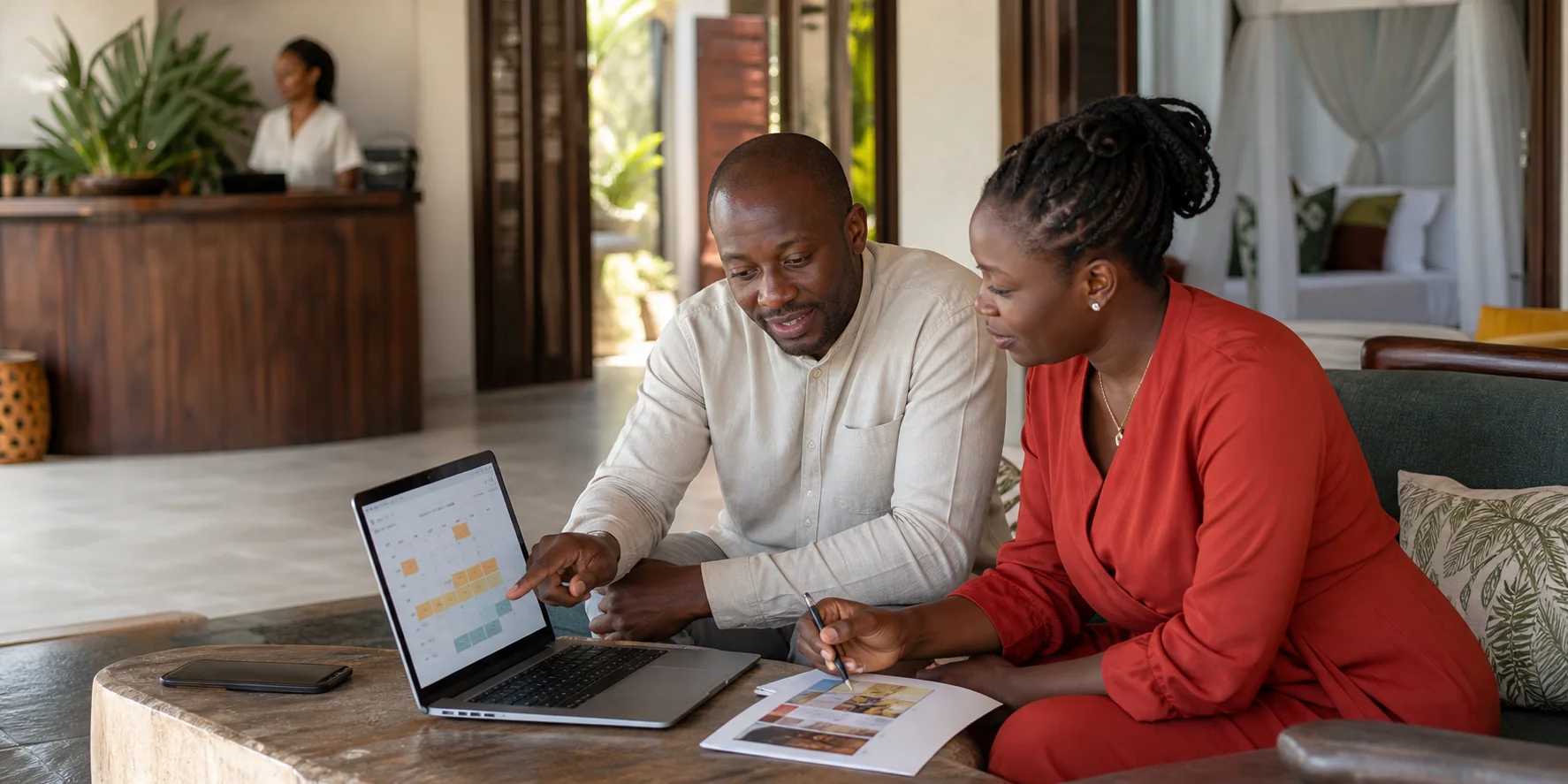 Kenyan hotel reservations team reviewing direct booking offers and room availability