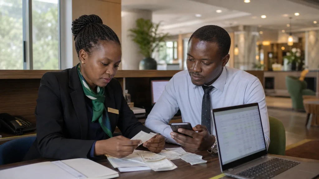 Kenyan hotel finance and front-office staff reconciling M-Pesa payments after a shift