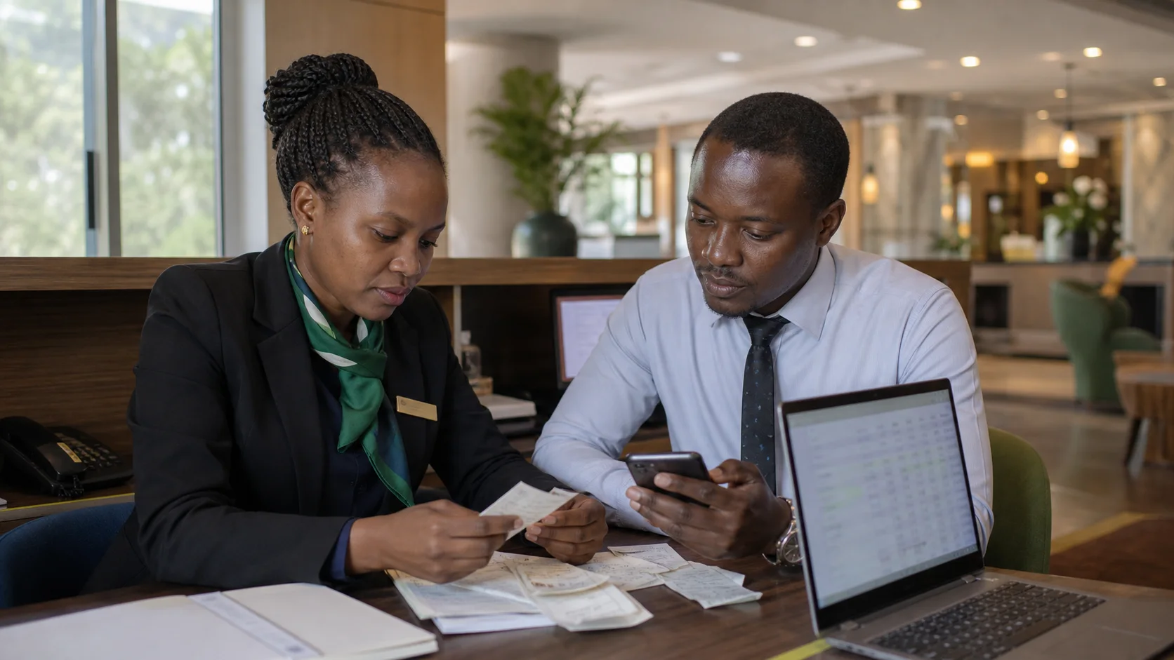 Kenyan hotel finance and front-office staff reconciling M-Pesa payments after a shift
