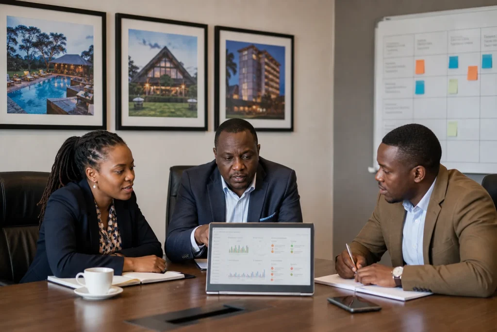 Kenyan hotel group owner reviewing authorised multi-property operations with property managers