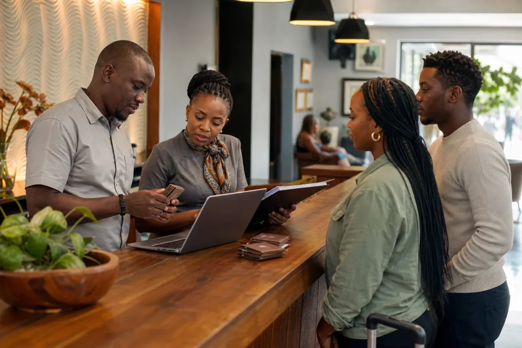 Kenyan hotel reception team checking reservations to prevent double bookings