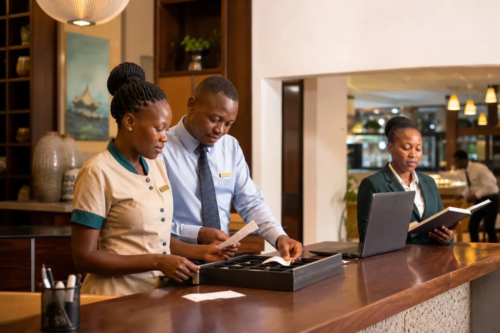 Kenyan hotel manager and cashier reviewing receipts and a till drawer after a shift