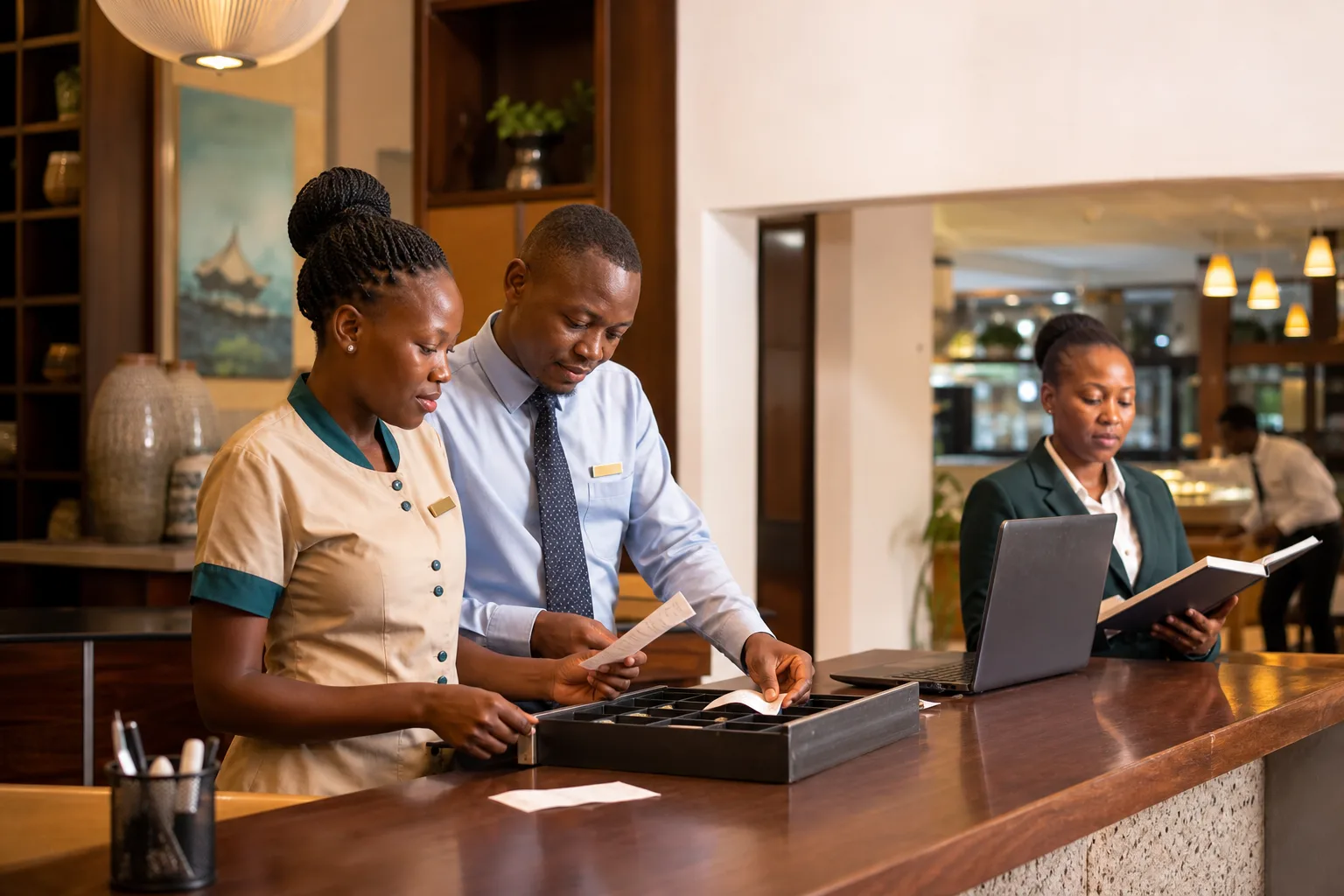 Kenyan hotel manager and cashier reviewing receipts and a till drawer after a shift