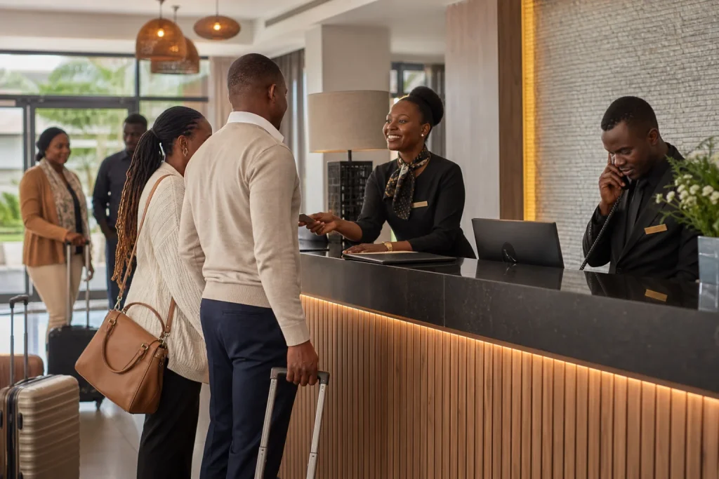 Kenyan hotel receptionist preparing room assignments for faster controlled guest check-in